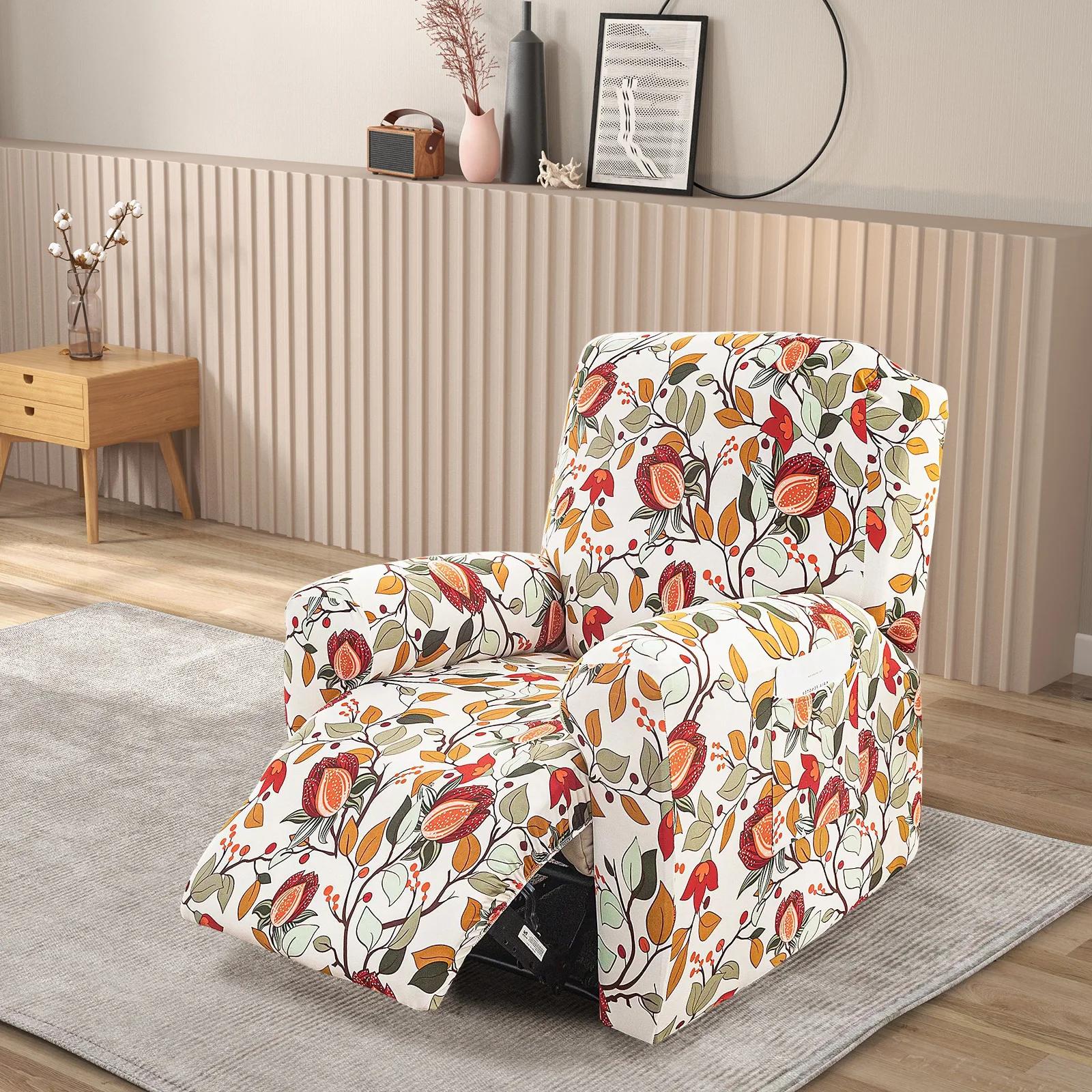 

4Pcs Elastic Recliner Sofa Cover Printed Stretch Recliner Slipcovers with Side Pockets Non Slip Sofa Slipcovers for Living Room