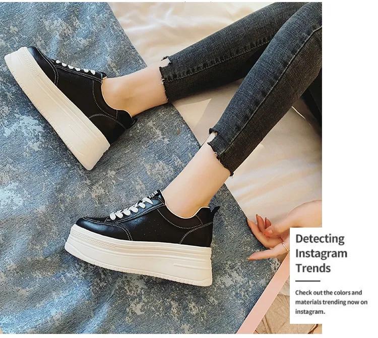 Mode 8cm Echtes Leder Damen Freizeitschuhe Klobige Sneaker Plateau Keil Versteckter Absatz Damen Freizeitschuhe Frühling Herbst Weiß