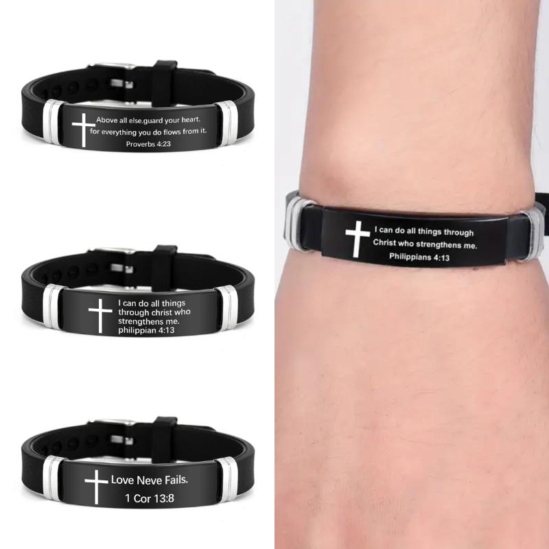 Cross Jesus Scripture Quote Bracelet Christian Bible Verse Stainless Steel Bracelets Silicone Wristband Men Women Jewelry Gift