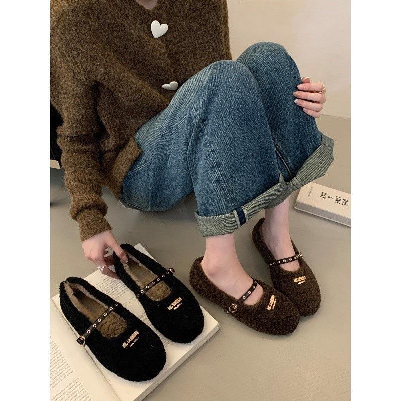Autumn and Winter Retro Flat Soft-soled Fluffy Shoes Women Wear Autumn and Winter Velvet Cotton Shoes Mary Jane Shoes
