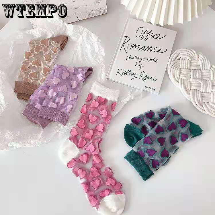 6pcs Crystal Long Socks Women Spring Summer Love Transparent Glass Silk Japanese Cute Thin Mid-Calf Stockings