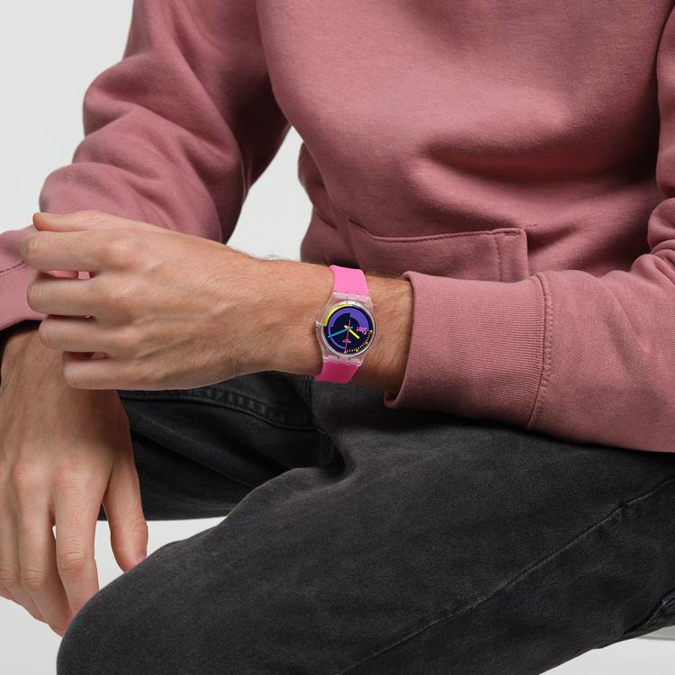 SWATCH Neon Series Quartz Movement 30 Meters Waterproof Unisex Swiss Watch 34mm Purple Dial Biosource Material Case Silicone Strap SO28K111