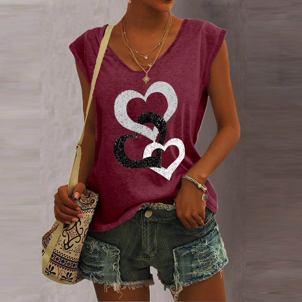 Women's V-Neck T-Shirt Casual Sleeve Vest Love Print Loose Blouse Tank Tops