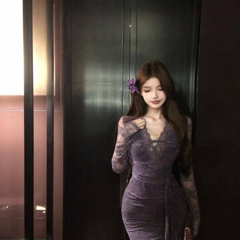 

Women s Spicy Purple V-neck Tie-waist Lace Dress – Long-sleeved, Figure-Hugging, Hip-Hugging, Mature Style for Spring & Autumn Small фиолетовый