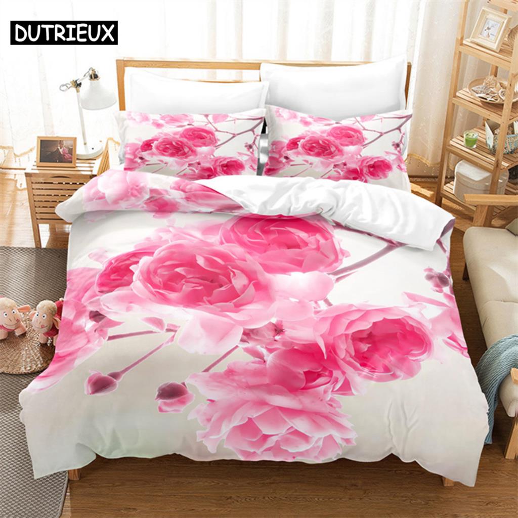 Pink Rose Queen Bedding Set Boys Girls Duvet Cover Bedroom Bed Set Comforter Cover Set King Size Duvet Cover Set Bedding Sets