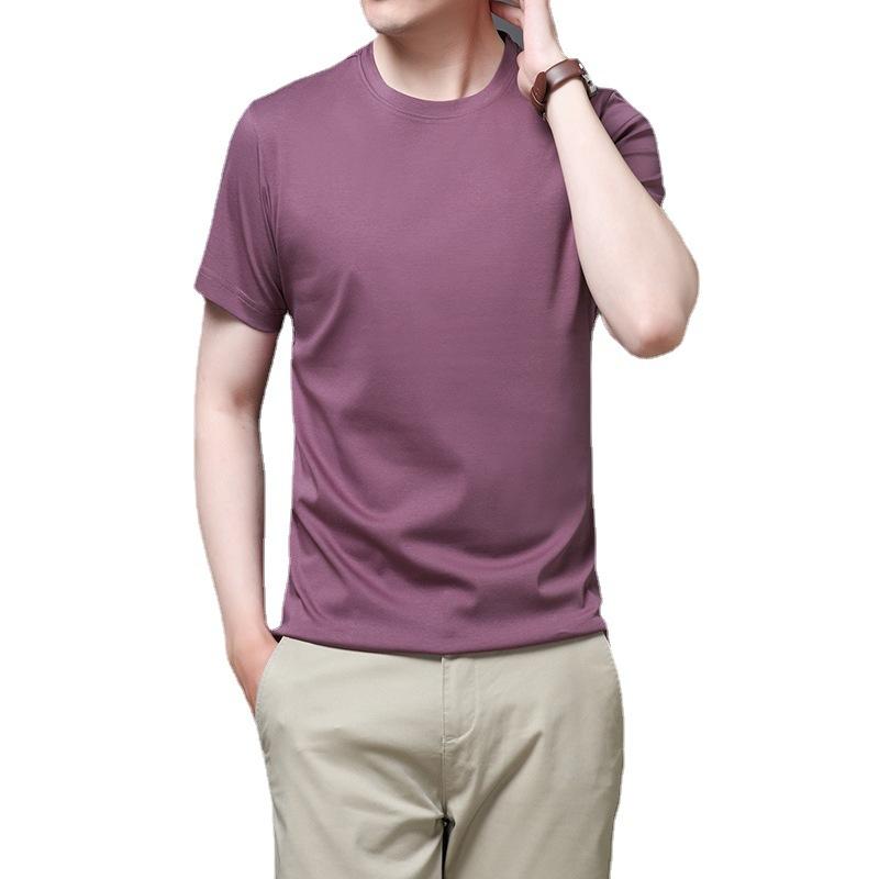 Mercerated Cotton Short-sleeved T-shirt Men's Round Neck Summer New Half-sleeved 80-pin Mercerated Cotton Loose Solid Color Top