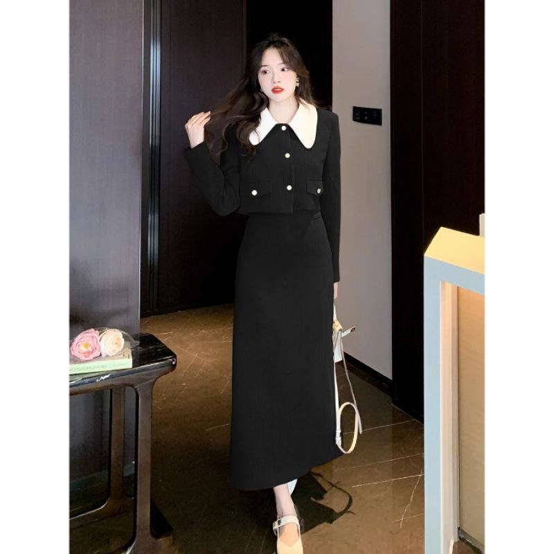 Women's French Retro Corduroy Two-Piece: Doll Collar Short Coat & Slim Long Skirt In Autumn Contrast Colors