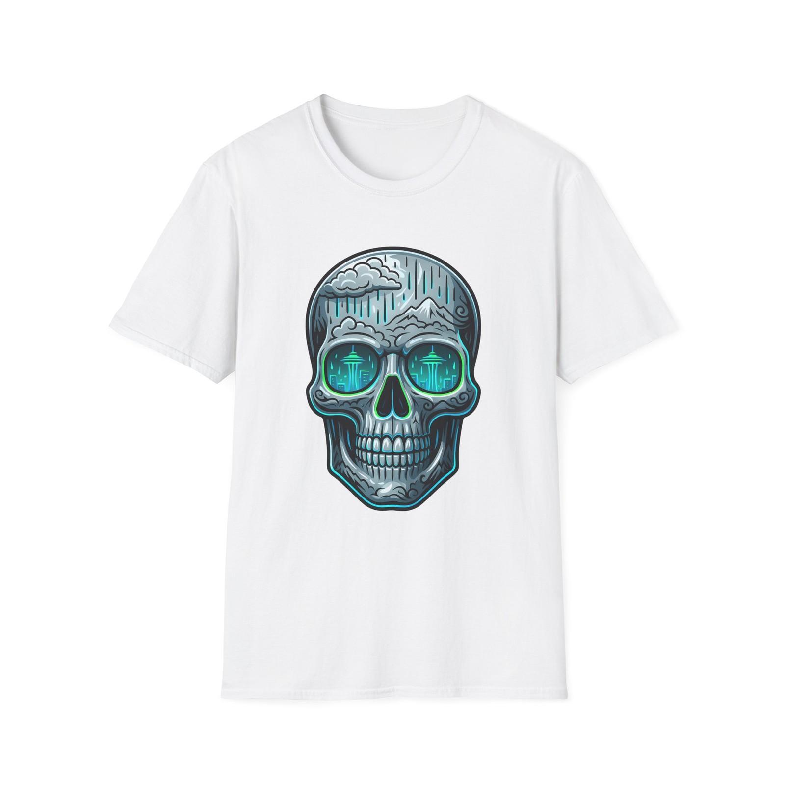 Unisex Softstyle T-Shirt Chrome Skull Seattle Skyline Pacific Northwest S