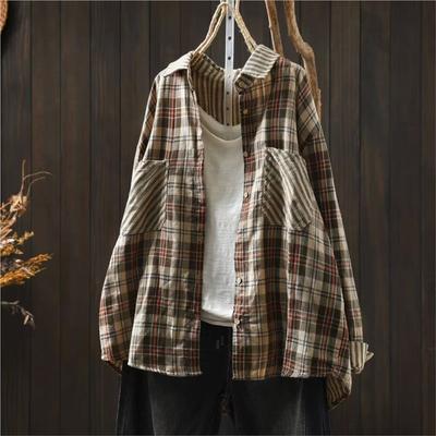 Damen Vintage Karohemden Patchwork Farbe Umlegekragen Langarm Knopfleisten Taschen Blusen Frühling Herbst Hemden