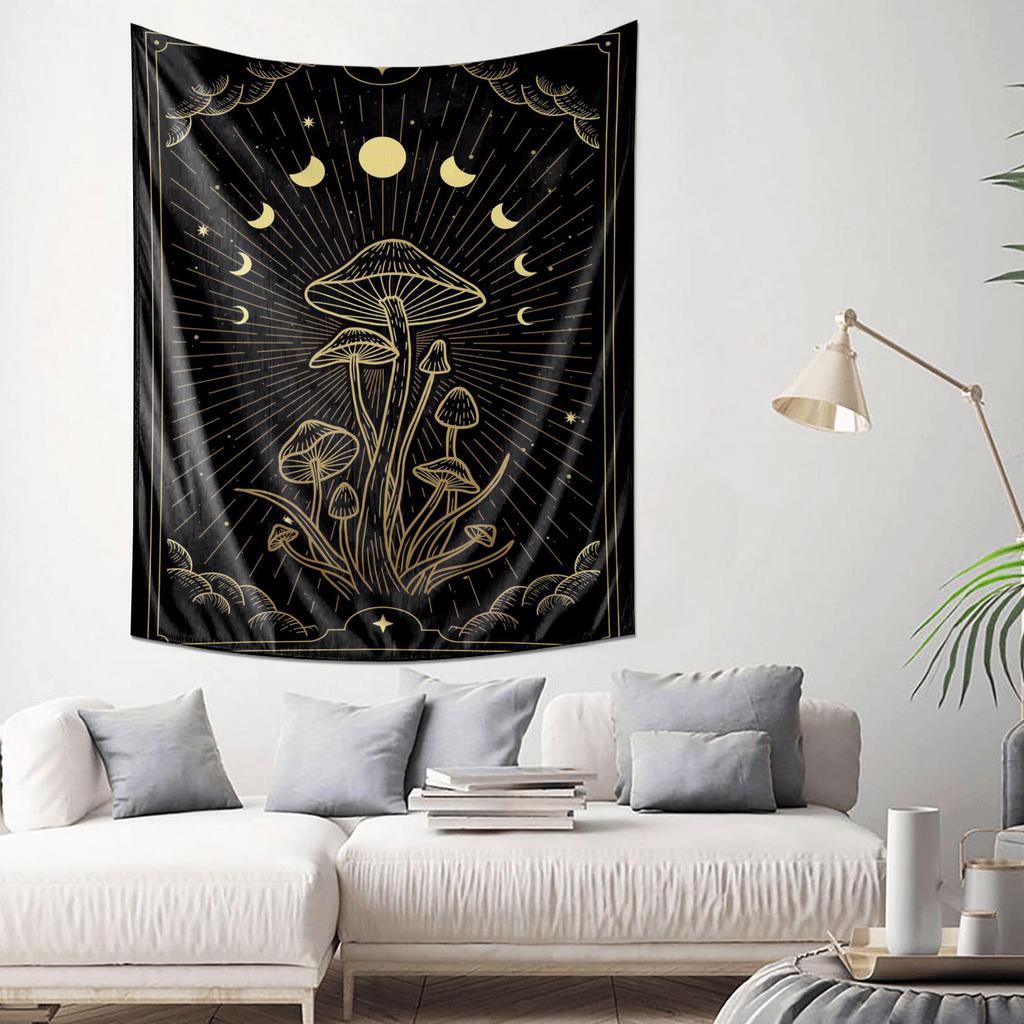 Black and Gold Psychedelic Moon Mushroom Wall Hanging Decor Fabric Tapestry