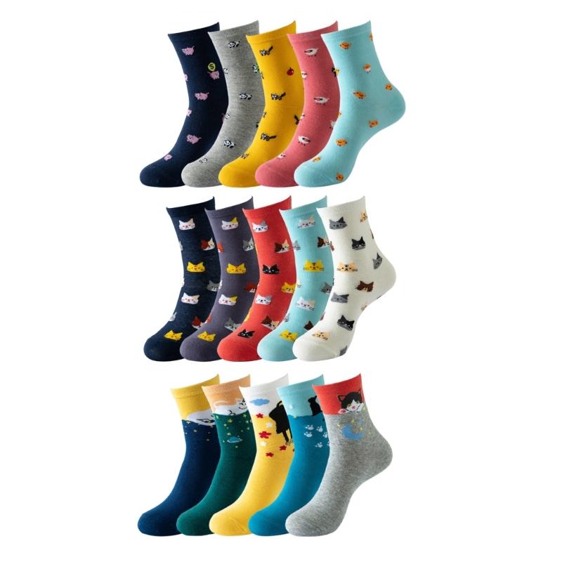 5 Pairs Multicolored Fun Animal Pattern Design Women's Crew Socks Cotton Breathable Middle Calf Socks Birthday Gift