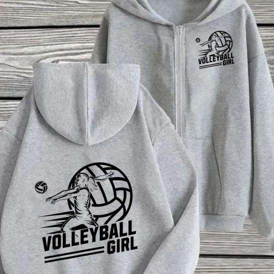 Girls Zip Up Hooded Jacket Volleyball Girl Player Graphic Long Sleeve Casual Sports Hoodie For Teen Girls Training Daily Outfit