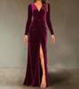 2026 Women's Velvet V-Neck Pleated Bodycon Dress - Elegant Autumn/Winter Slim Fit with Slit