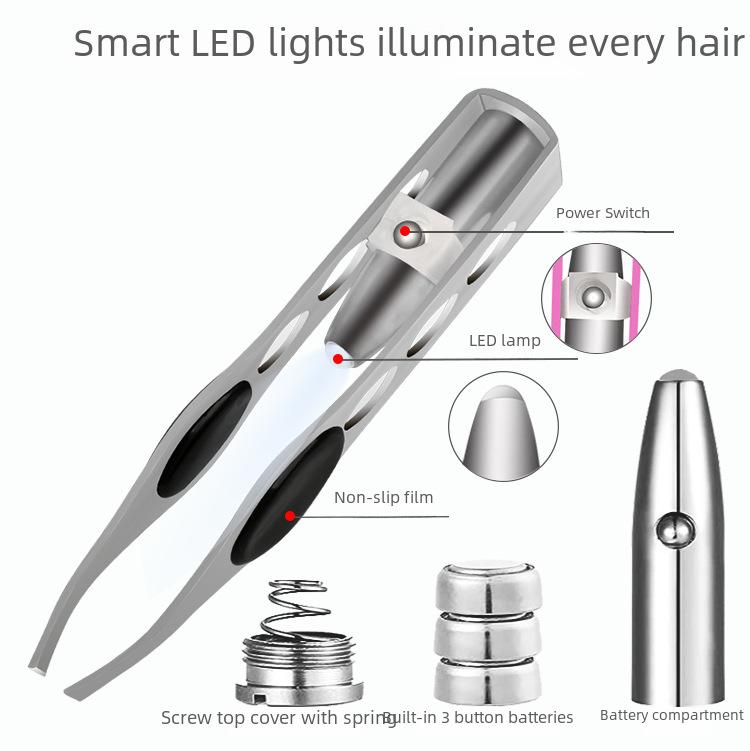 LED-Illuminated Stainless Steel Eyebrow Trimmer with Tweezers and Hair Removal Tool
