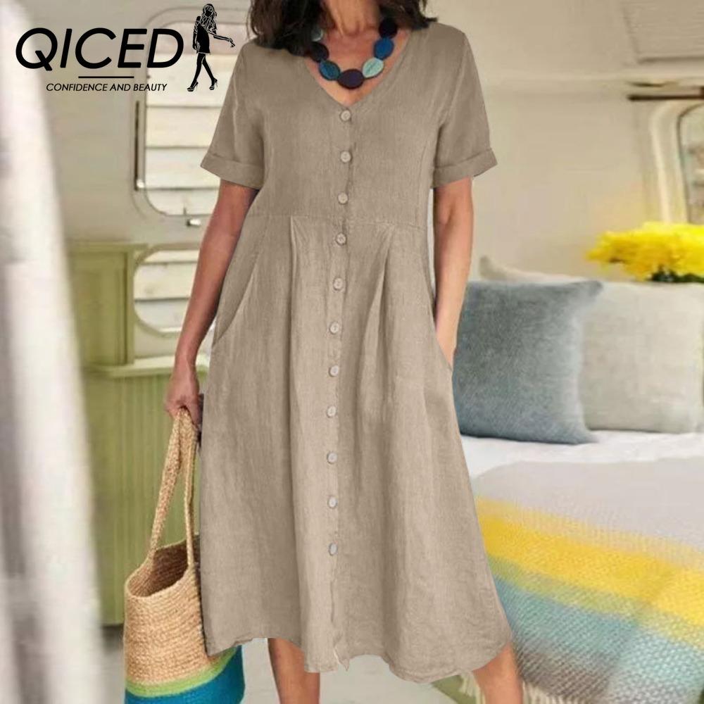 QICED Women Summer Casual Cotton V-Neck Short Sleeve Button Dress