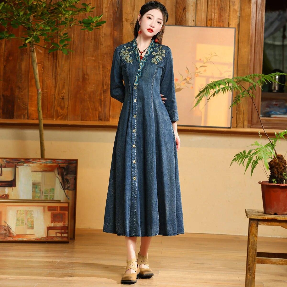 

Johnature винтажное хлопковое однобортное платье в китайском стиле с вышивкой, женское весеннее платье трапециевидной формы с v-образным вырезом и длинными рукавами XXXXL синий
