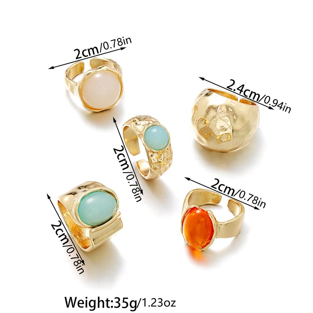 5 pieces of fashionable and personalized irregular wide ring with edge wrapped moonstone round buckle stacked open ring