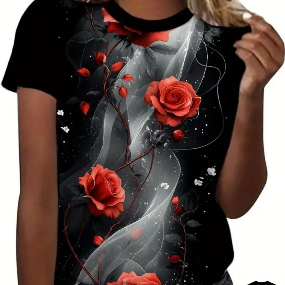 Summer Women's 3D Printed Crew Neck T-Shirt Fashion Versatile Breathable Trend Casual