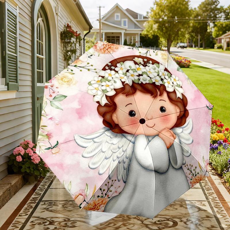 1pc Angel Flowers Automatic Folding Umbrella, Heavy Duty 8 Rib Iron Frame,  Suitable for Travel, Daily Use, Birthday, Decor Gift m0104018