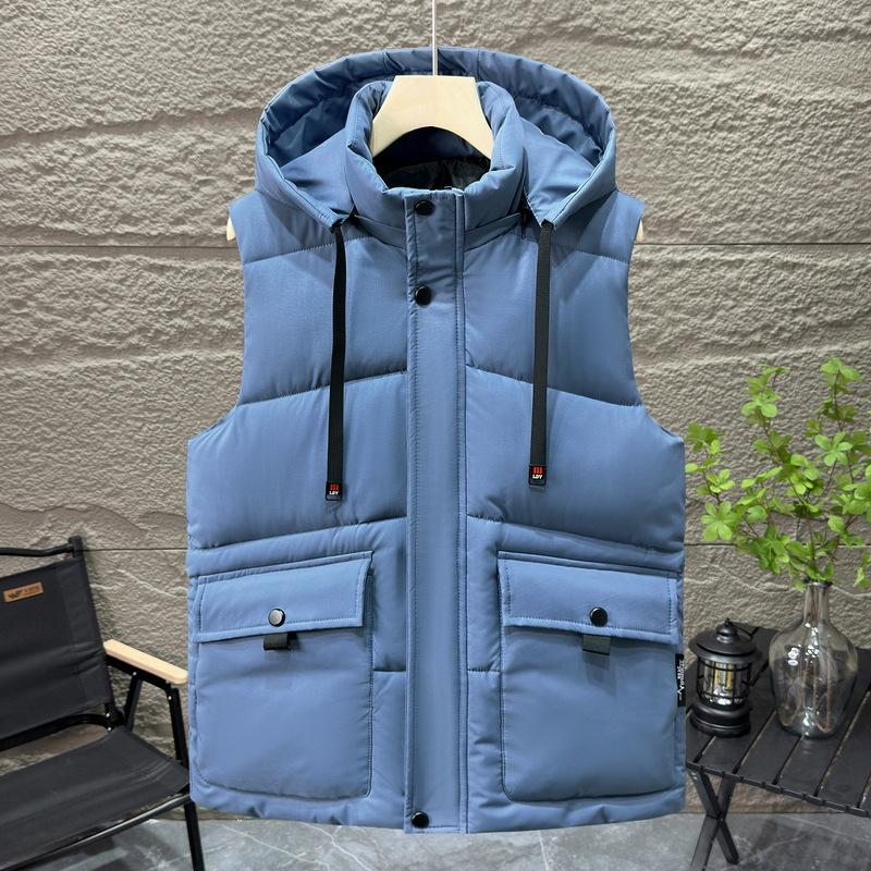 Herbst und Winter Dick Reißverschluss Einfarbig Kapuze Lässig Slim Fit Seitentasche Weste Herren