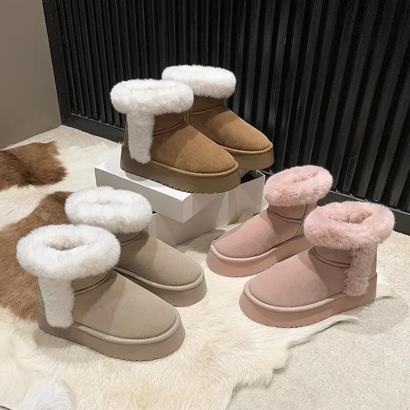 Fashion 2024 Winter Snow Boots Warm Outdoor Boot Ladies Basic Platform Cotton Shoes Women Furry Ankle Boots Faux Suede Plush Snow Boots
