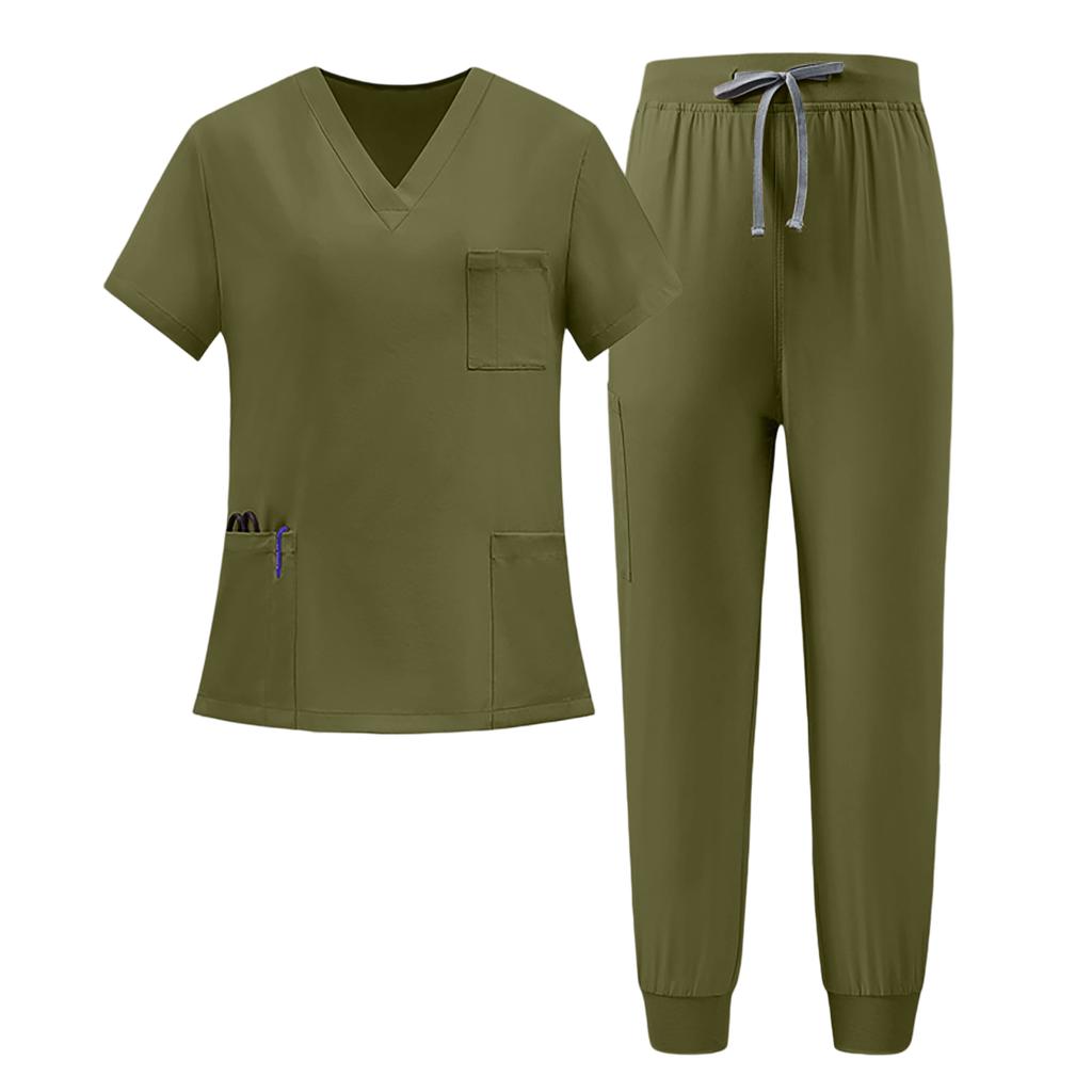Women's Uniform Scrub Set - Quick-Dry V-Neck Short Sleeve Top with Pockets and Long Pants, Color