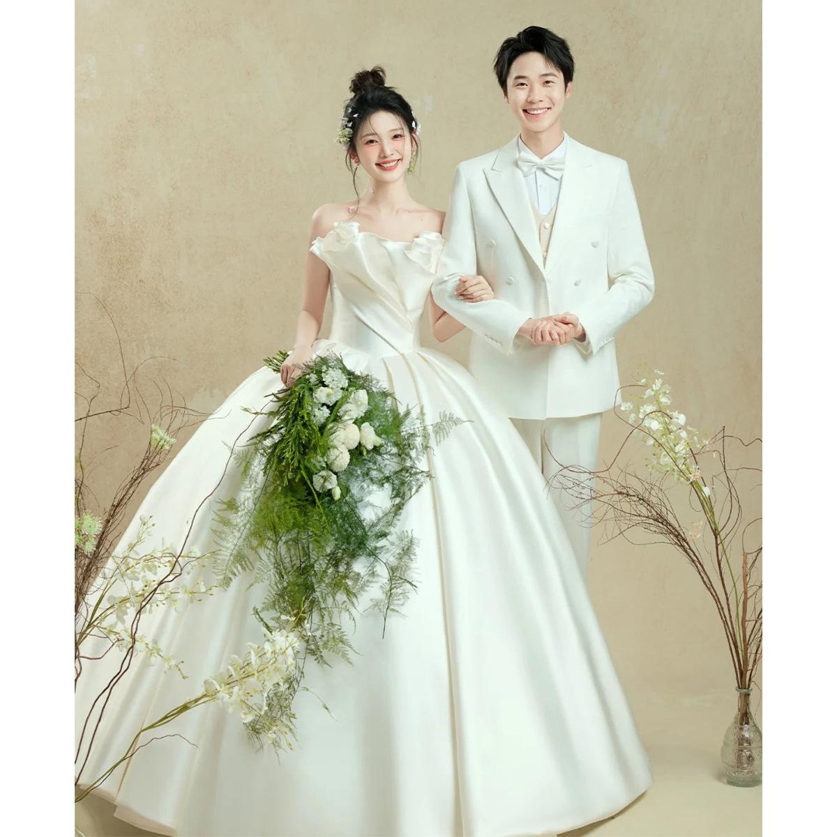 

Одежда 2025 новый топ-труба белый атласный румяный внутренний платье пара свадебное фото платье L белый