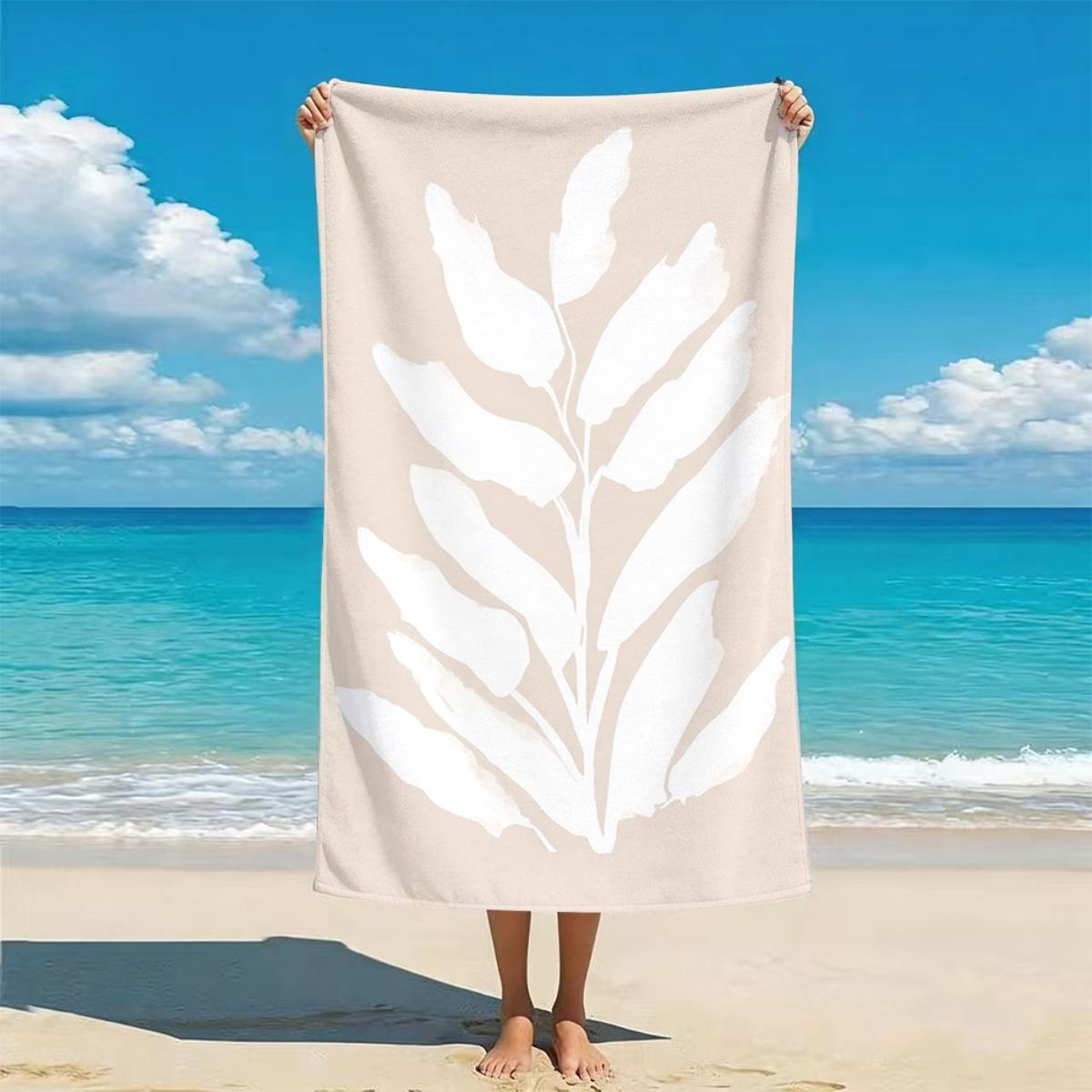 

Beige White Leaf Pattern Beach Towel, Fast Drying Absorbent Lightweight for Beach Surfing Camping W30*H60(CM)