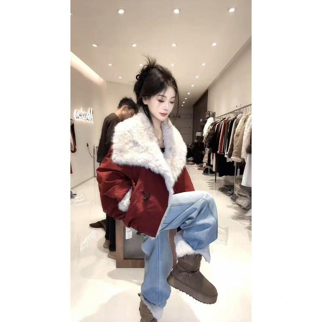 Damen Winter Set im Koreanischen Stil, lockere Passform: Schlankmachender Flauschiger Revers Warmer Baumwolljackenmantel