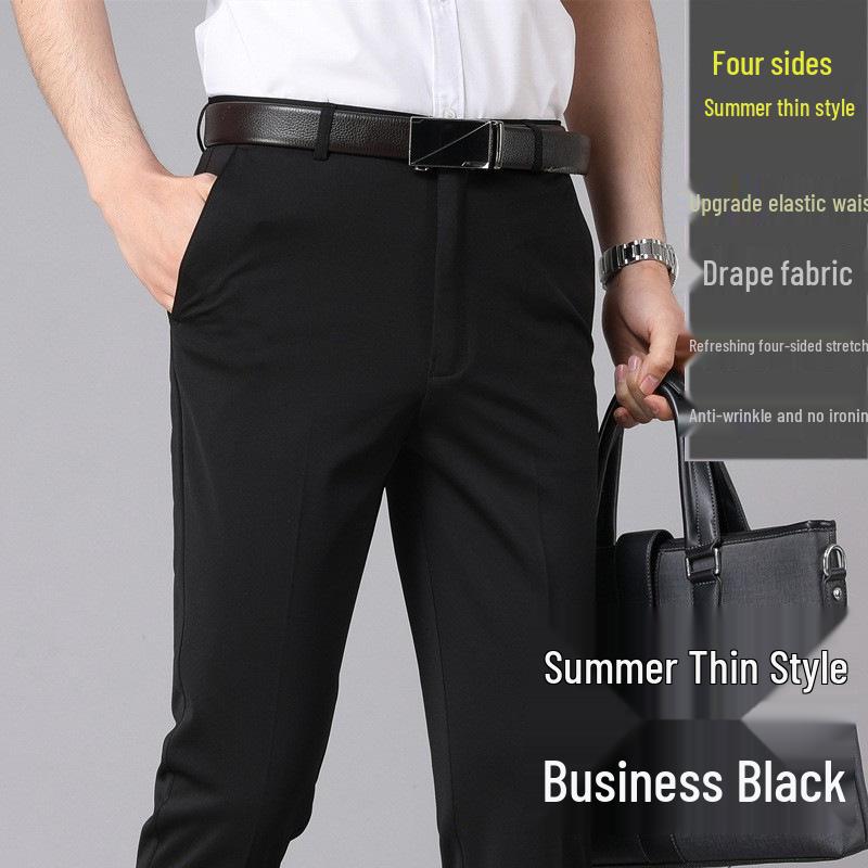 Men's Slim Fit Straight Leg Business Casual Pants - Summer Thin, Elastic, Good Drape Suit Trousers