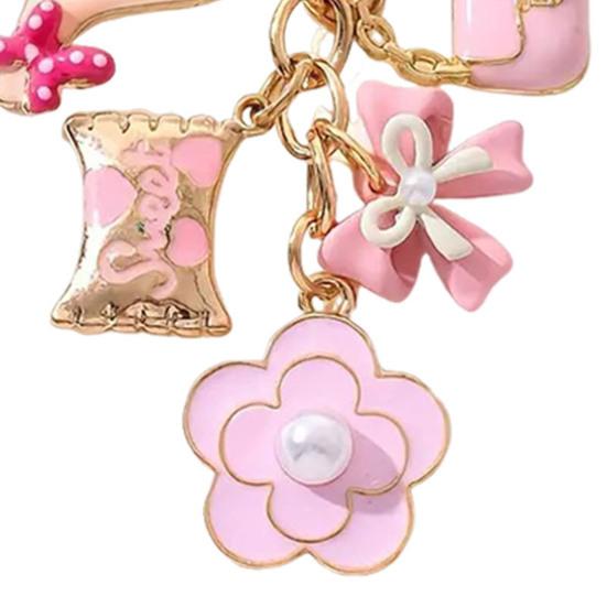 Yousheng Keychain Pendant with Faux Pearl Embellishment Enamel Heart Bowknot Flower Charm Key Chain Decorative Accessory
