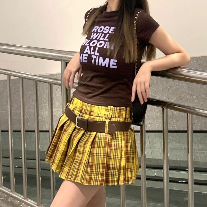 American Spicy Girl Plus Size Yellow Plaid Pleated A-line Skirt for Women, High Waist Slimming Design, 2025 Autumn Collection