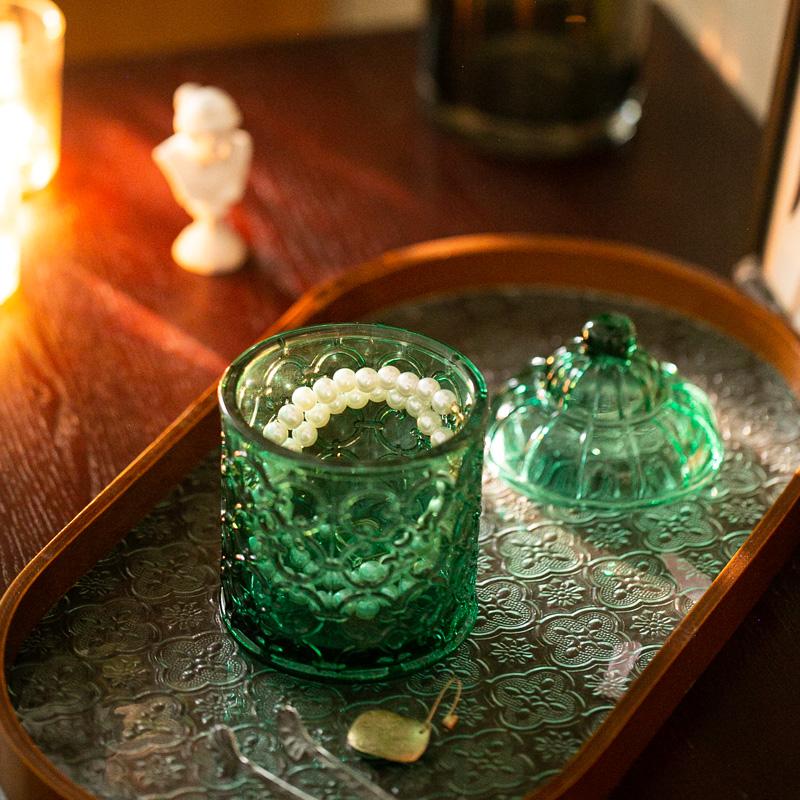 Clear Glass Candy Box Creative Jewelry Cosmetic Jewelry Candle Jar Home Embossed Snack Nuts Storage Jar Kitchen Food Container