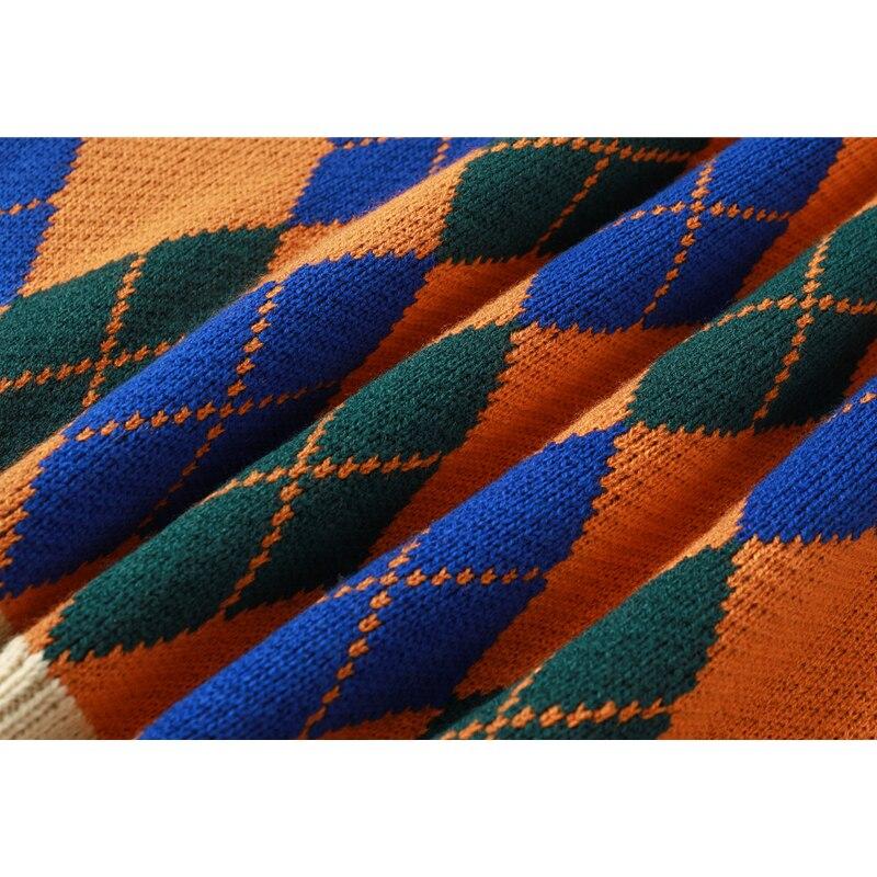 Vintage Plaid Women Sweater Autumn Cartoon Pattern Fashion Long Sleeves  Knitted High Collar Baggy Female Tops Pullover Sweater