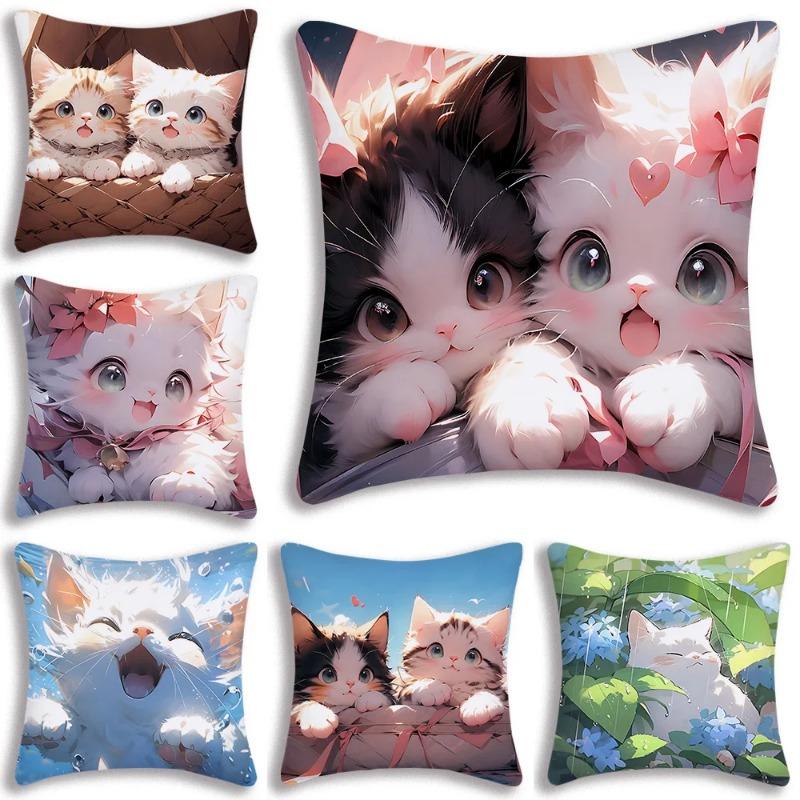Kawaii Kreslený Roztomilá Kočka Herní Potahy na Polštáře Kreslený Dekorativní Potah na Polštář pro Domácí Pohovku s Potiskem Roztomilý Potah na Polštář