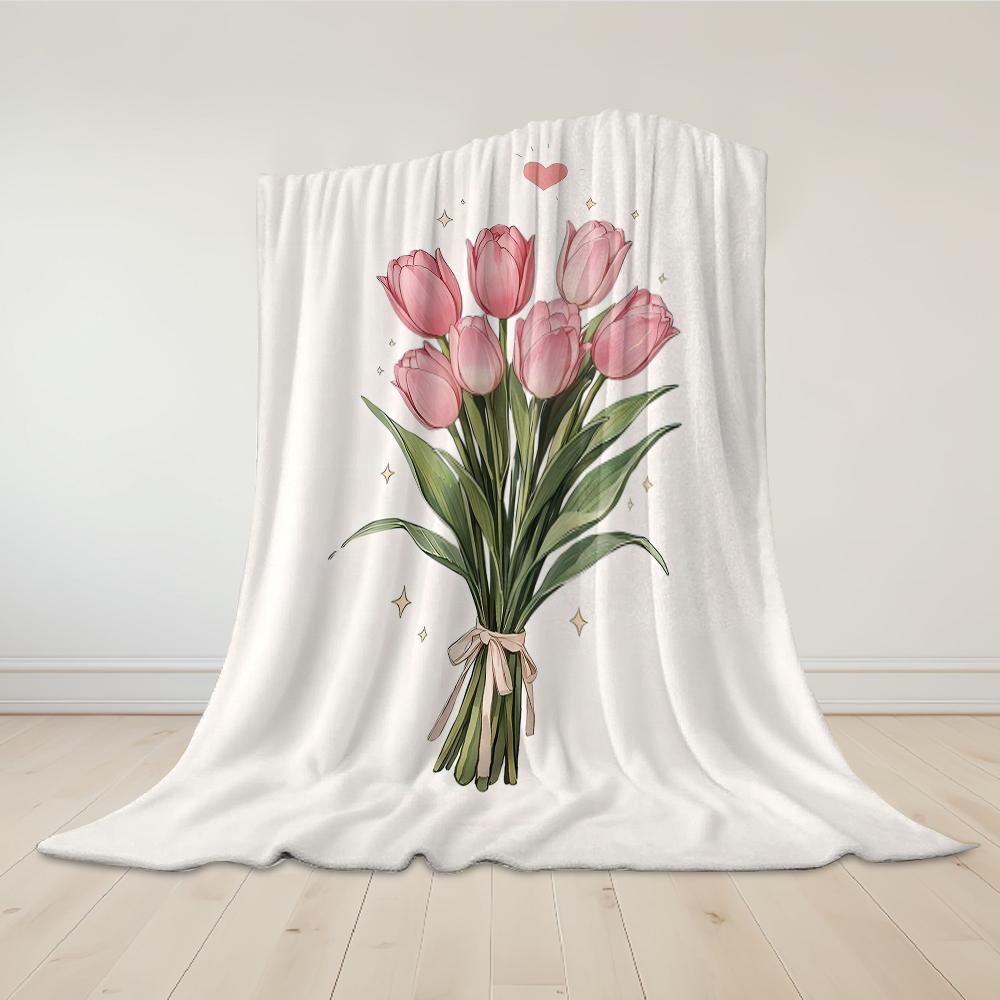 Blush Tulp Boeket Flanellen Deken Warm Zacht Halloween Kerst Bank Warm Gezellig Decoratief Decor Cadeau voor Elk Seizoen