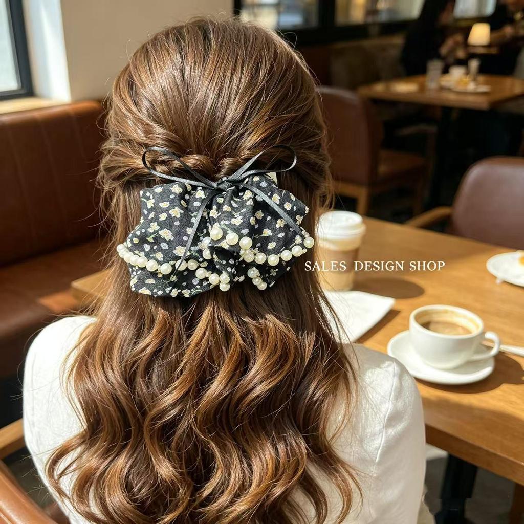 French Retro Floral Pearl Bow Chiffon Hair Clip