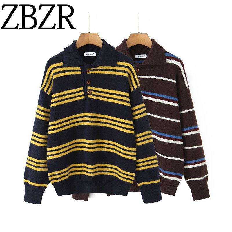 Autumn and Winter New Arrivals Women's Clothing Zr European and American Style Fashionable Loose Striped Color-Block Long-Sleeve Polo Collar Knitwear
