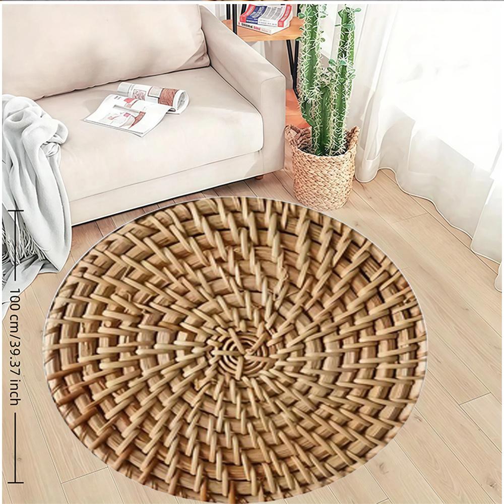 Tappeto Rotondo in Rattan Intrecciato Stile Boho Naturale Tappeto in Flanella per Soggiorno Camera da Letto Spazio Yoga Meditazione Eco-Friendly Casa