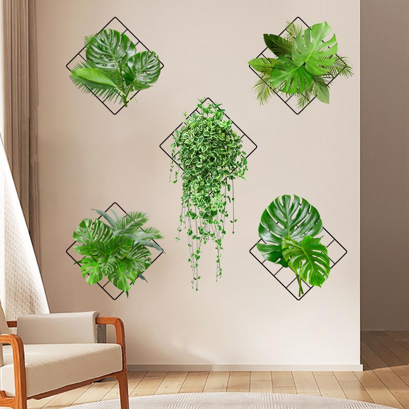 Sticker Mural Autocollant Imperméable Amovible avec Fleurs Simulées et Plantes Vertes pour Décoration Intérieure de Salon et Chambre