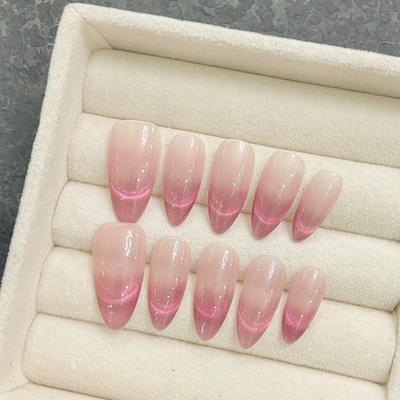 HANDMADE Artificial Nail Dopamine Gradient Cat Eye Almond Phototherapy Nails Fake Nails Reusable and Removable Nails