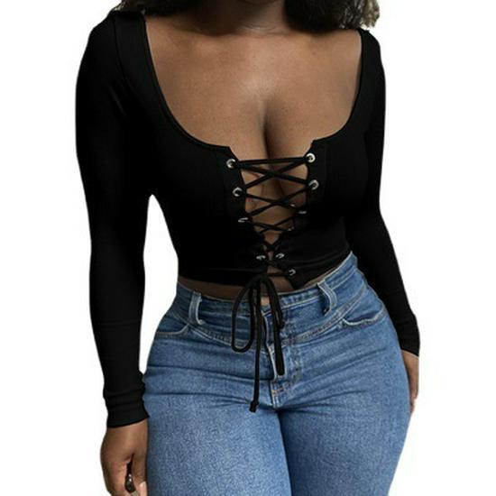 2021 European & American Women's Sexy Long Sleeve Hollow Lace-up T-shirt Top