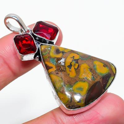 Natural Bamboo Jasper, Garnet Gemstone 925 Sterling Silver Pendant 2.21" c5K08
