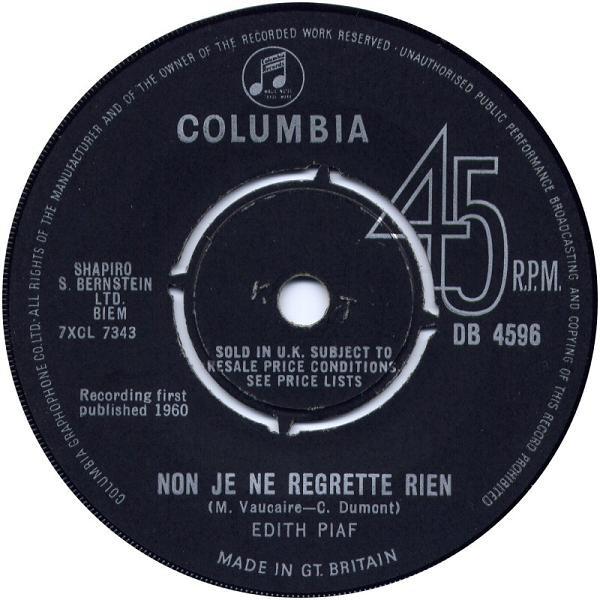 

7inch Record EDITH PIAF - Non Je Ne Regrette Rien DB4596 Columbia UK Pop Used