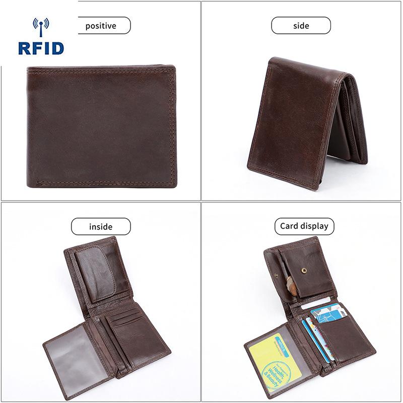 Men'S Leather Wallet Retro Rfid Cash Anti-Theft Brush Change Bit Folding Wallet Multi-Card Bit Wallet