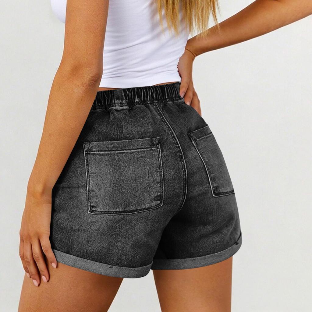 Shorts Jeans Feminino Casual com Cintura de Cordão, Barra Dobrada e Bolsos Frontais Grandes para Uso Diário