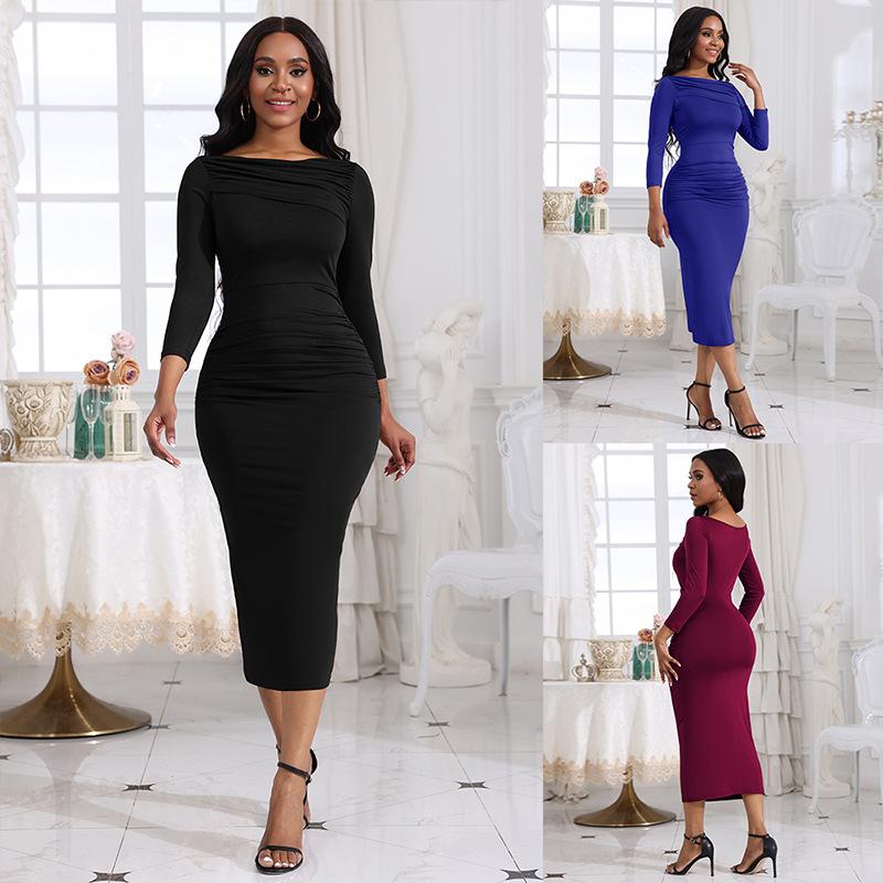Temperament Solid Color Casual Midi Dress Pleated Slim Long Sleeve Women's Hip Dress