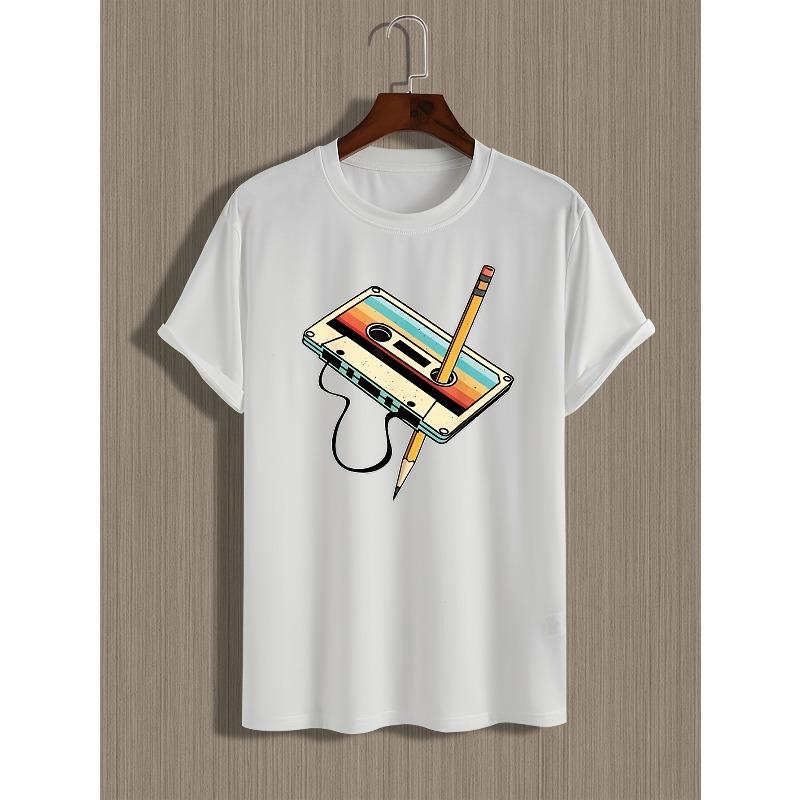European sizes Men's Retro Cassette Print T-Shirt - Casual Crew Neck, Slight Stretch, Summer Knit Fabric Top