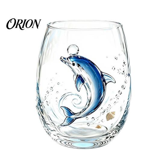 Decorative Aesthetic Water Tumblers Stemless Wine Glasses with Marine Animal Pattern, 420ml Capacity, High Borosilicate Clear Glass Cups for