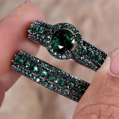 Ensemble de bagues de fiançailles en zircon vert tendance pour femmes, ensemble de bijoux de mariage vintage en métal noir, cadeau